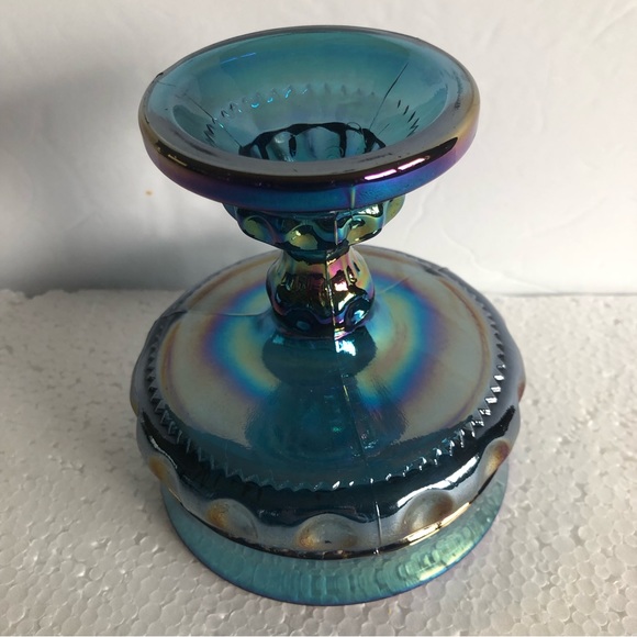 Blue Iridescent Kings Crown Thumbprint Carnival Glass Compote Candy Dish - Picture 2 of 6
